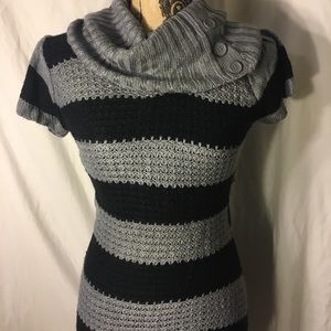 Black and grey striped cowl neck sweater dress.
